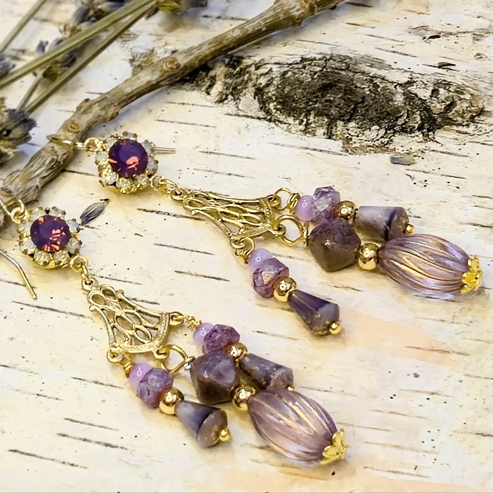 Victorian Opaline Purple W/ Crystal Flowers In 3 Strands Long GP Earrings